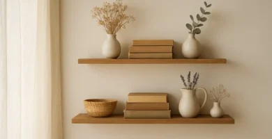 Cozy cottagecore floating shelf styled with wooden textures, dried flowers, vintage books, and soft natural light